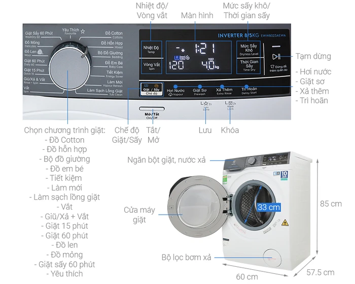 Máy Giặt Sấy Electrolux EWW1042AEWA - Giặt Sấy 2 Trong 1 Tiện Lợi